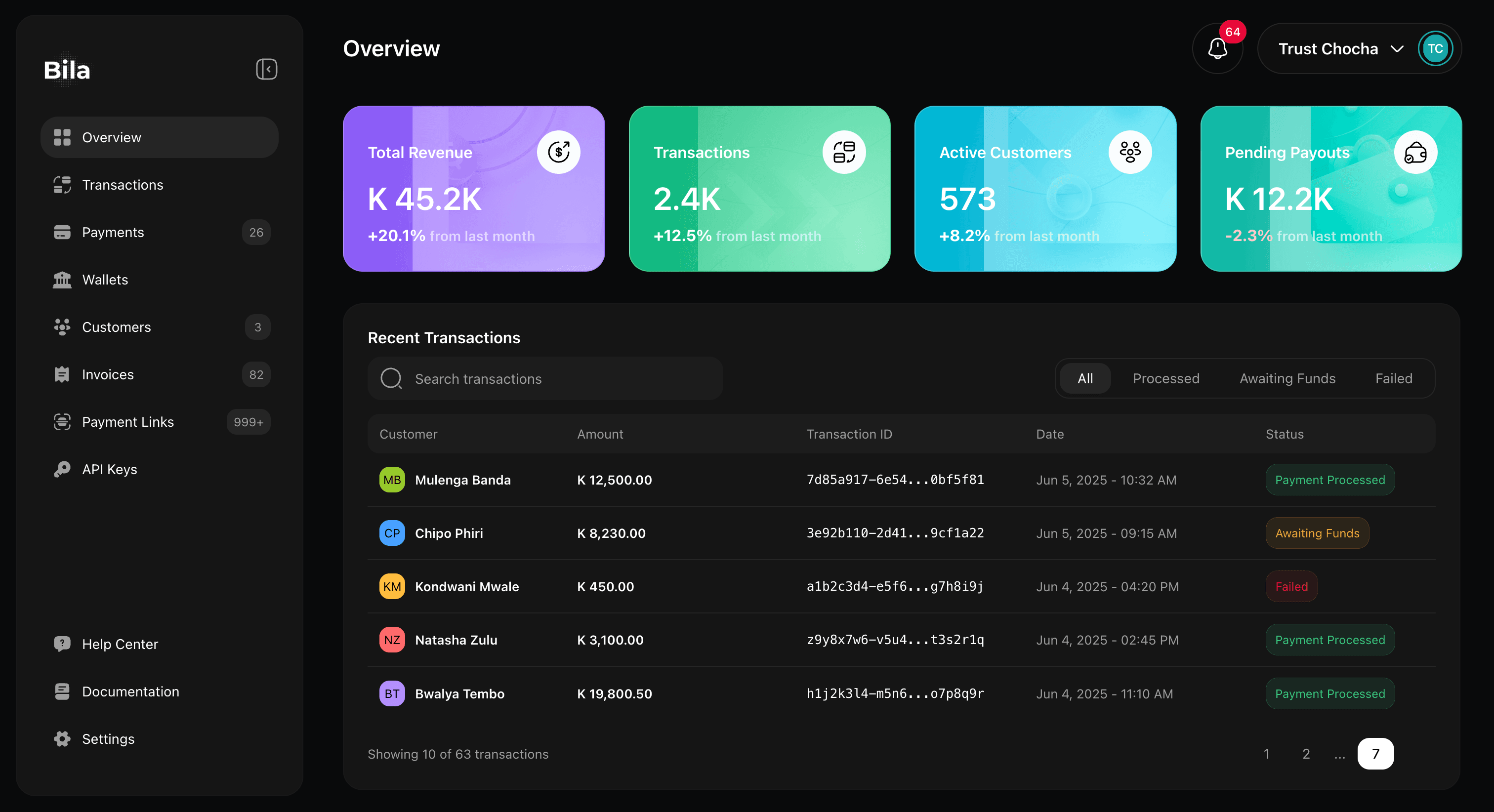 Bila Dashboard - Modern Payment Management Interface showing revenue analytics, transactions, and customer data